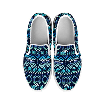 Blue Native Aztec Tribal Pattern Print White Slip On Shoes