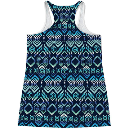 Blue Native Aztec Tribal Pattern Print Women's Racerback Tank Top