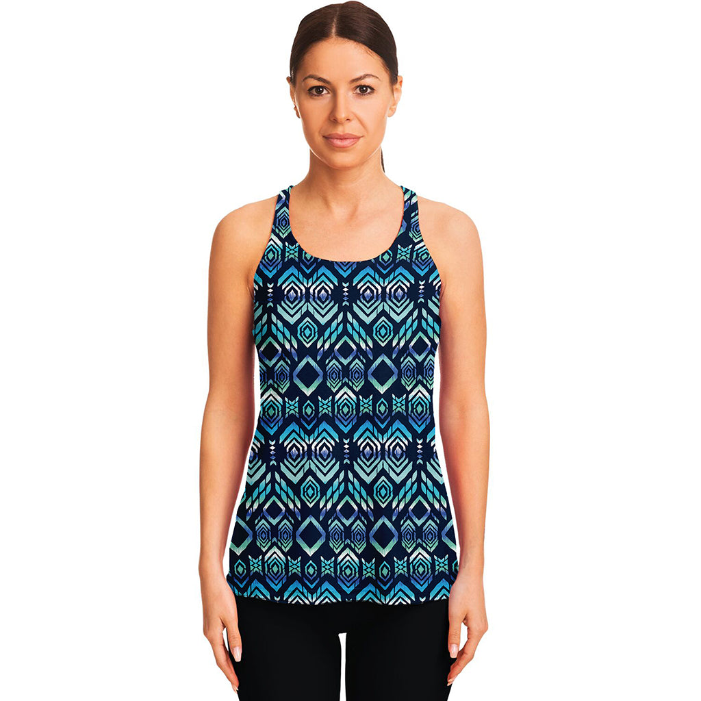 Blue Native Aztec Tribal Pattern Print Women's Racerback Tank Top