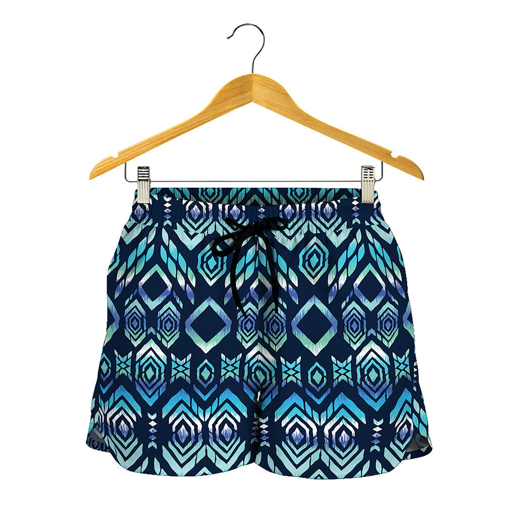 Blue Native Aztec Tribal Pattern Print Women's Shorts