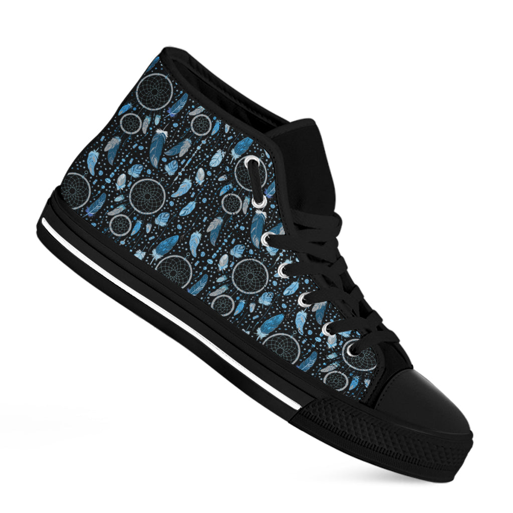 Blue Native Dream Catcher Pattern Print Black High Top Shoes