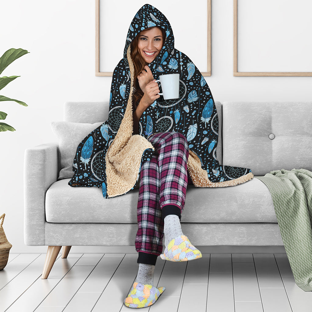Blue Native Dream Catcher Pattern Print Hooded Blanket