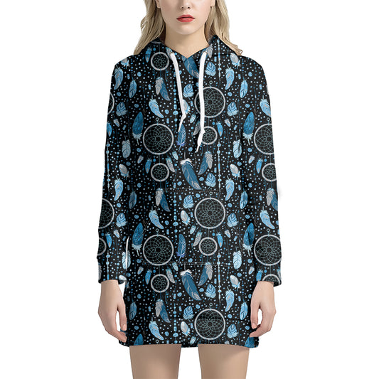 Blue Native Dream Catcher Pattern Print Hoodie Dress