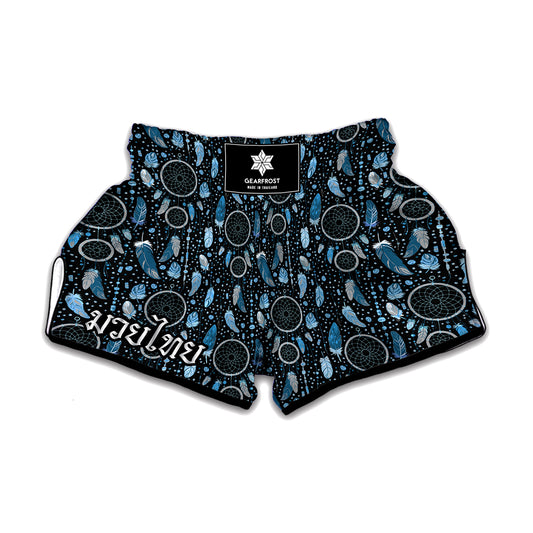 Blue Native Dream Catcher Pattern Print Muay Thai Boxing Shorts