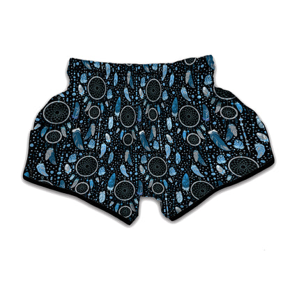 Blue Native Dream Catcher Pattern Print Muay Thai Boxing Shorts