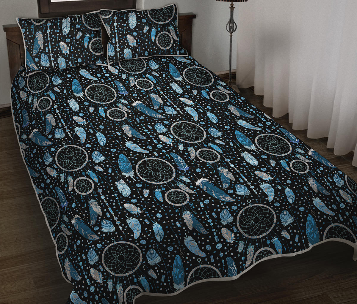 Blue Native Dream Catcher Pattern Print Quilt Bed Set