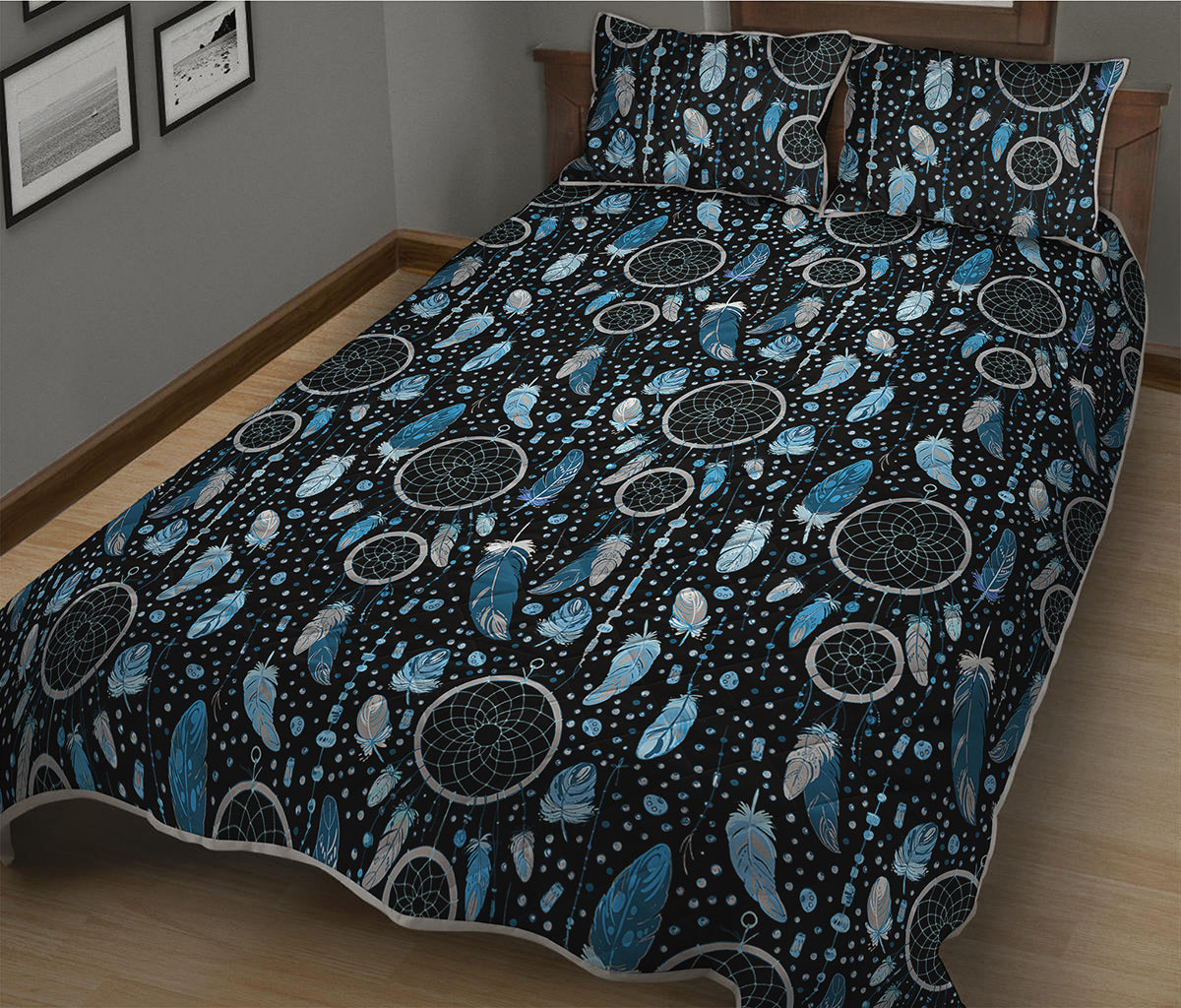 Blue Native Dream Catcher Pattern Print Quilt Bed Set