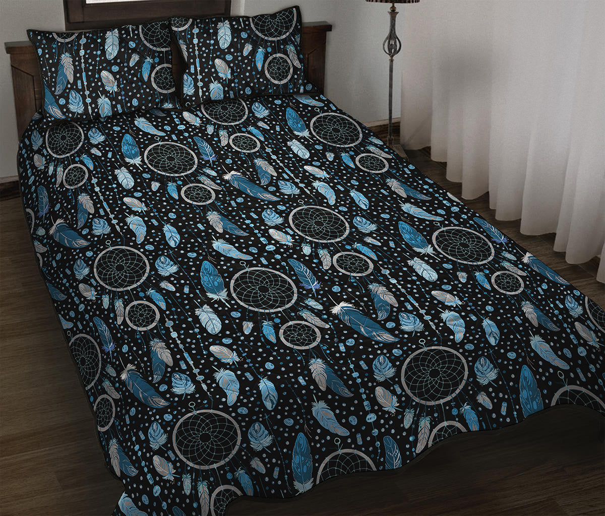 Blue Native Dream Catcher Pattern Print Quilt Bed Set