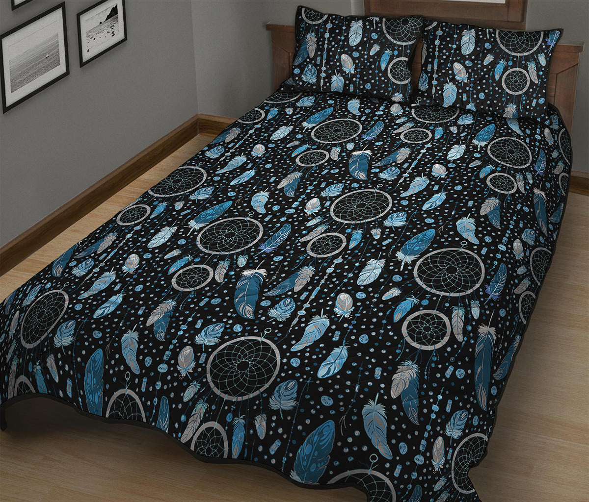 Blue Native Dream Catcher Pattern Print Quilt Bed Set
