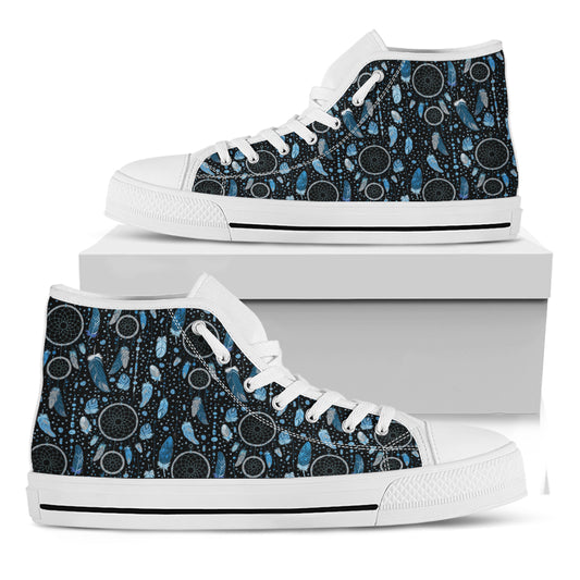 Blue Native Dream Catcher Pattern Print White High Top Shoes