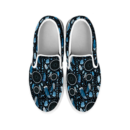 Blue Native Dream Catcher Pattern Print White Slip On Shoes