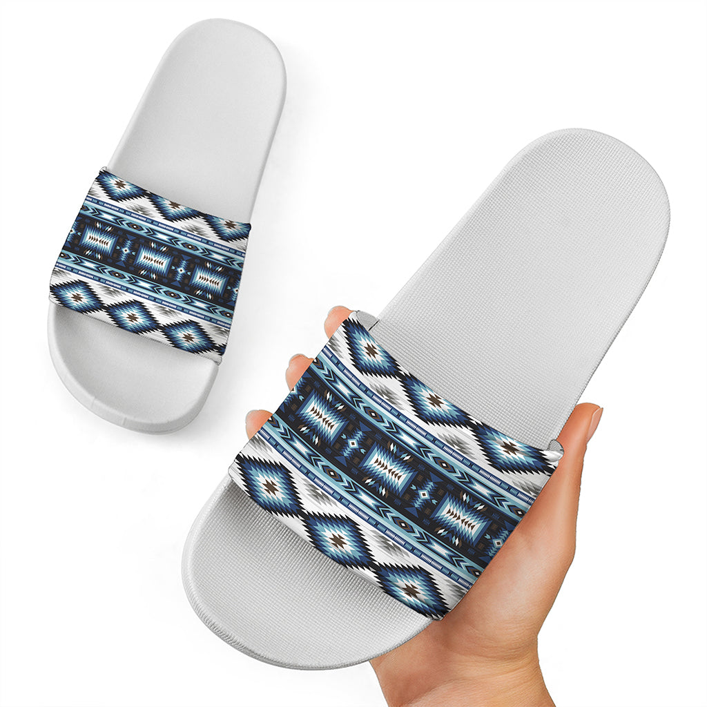 Blue Native Navajo Print White Slide Sandals