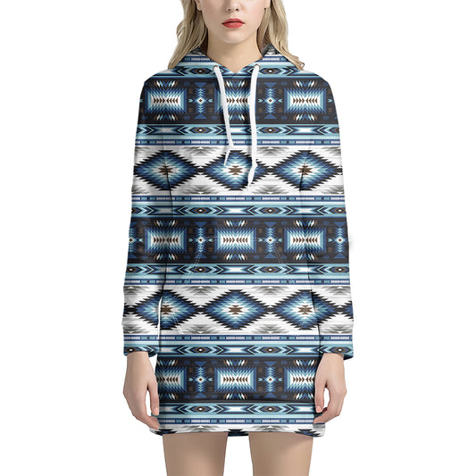 Blue Native Pendleton Navajo Print Hoodie Dress