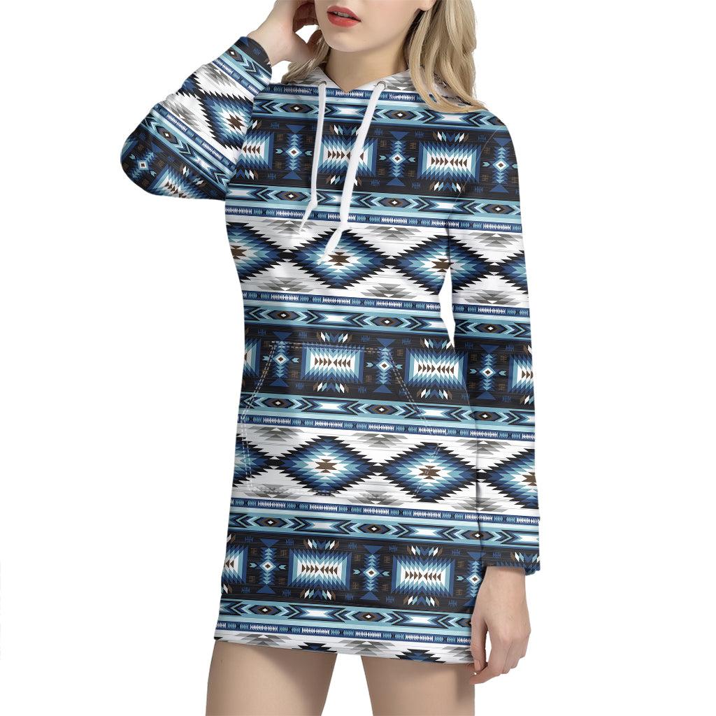 Blue Native Navajo Print Pullover Hoodie Dress โ GearFrost