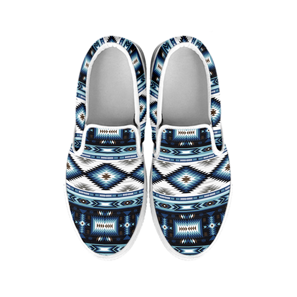 Blue Native Pendleton Navajo Print White Slip On Shoes