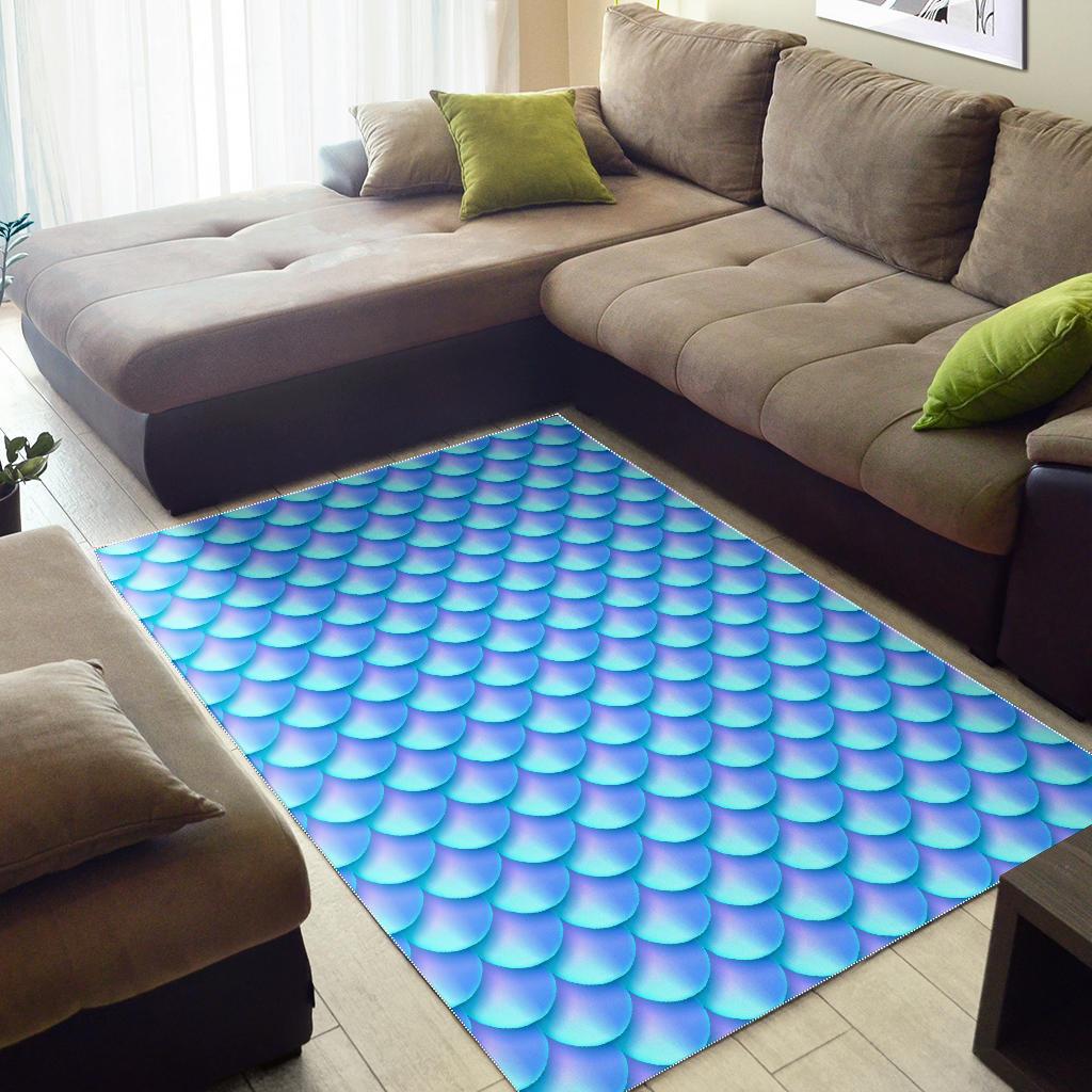 Blue Neon Mermaid Scales Pattern Print Area Rug GearFrost