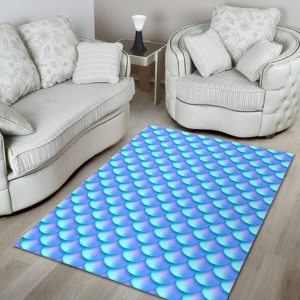 Blue Neon Mermaid Scales Pattern Print Area Rug GearFrost