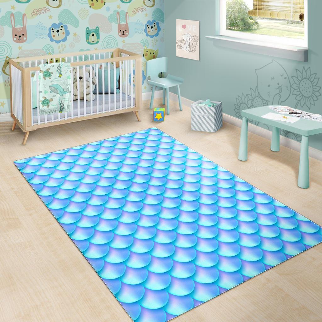 Blue Neon Mermaid Scales Pattern Print Area Rug GearFrost