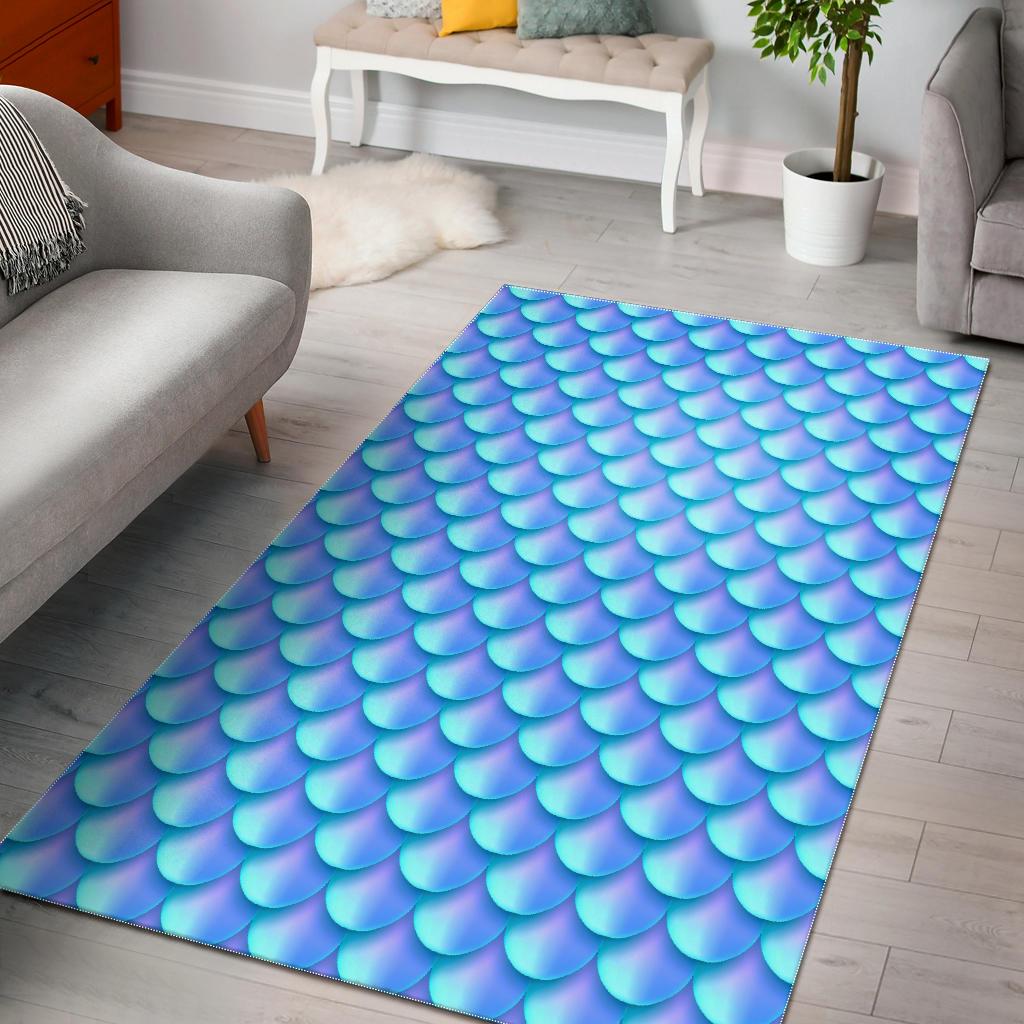 Blue Neon Mermaid Scales Pattern Print Area Rug GearFrost