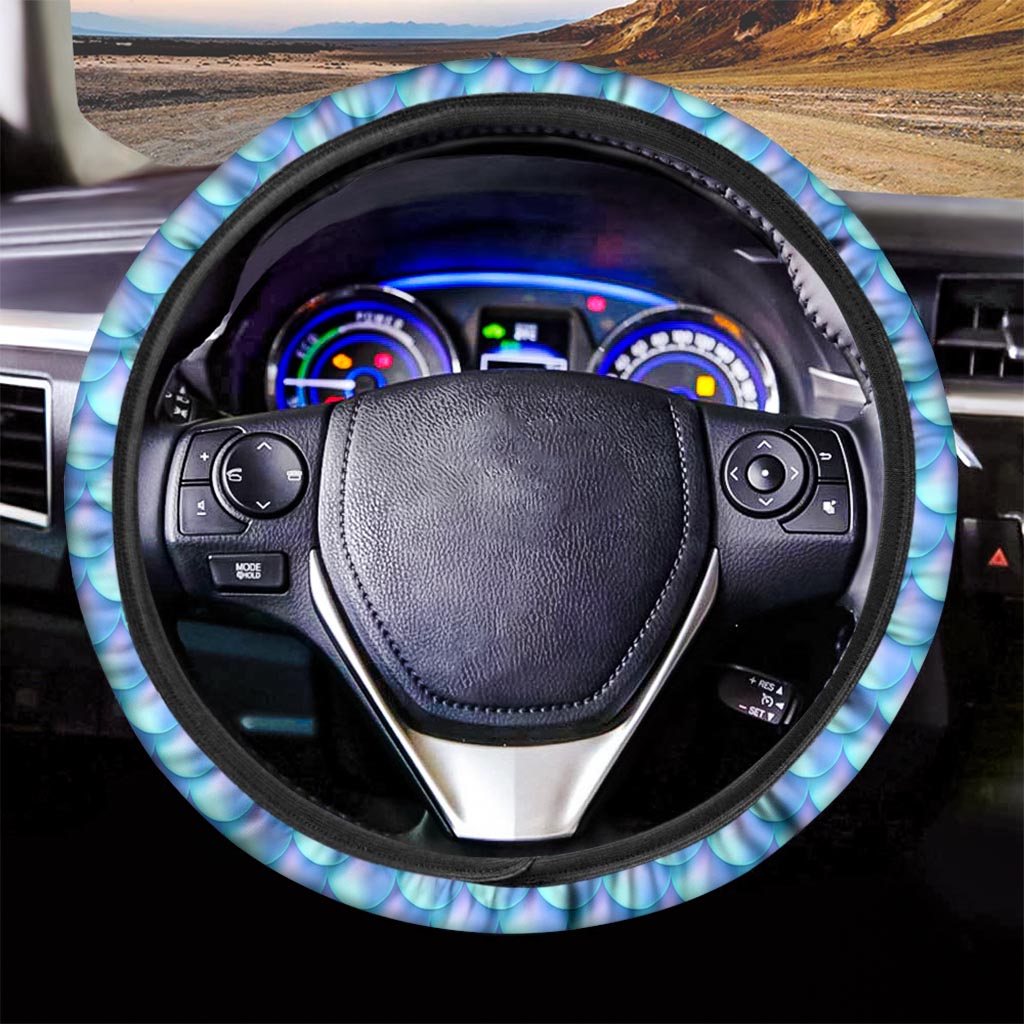 Blue Neon Mermaid Scales Pattern Print Car Steering Wheel Cover