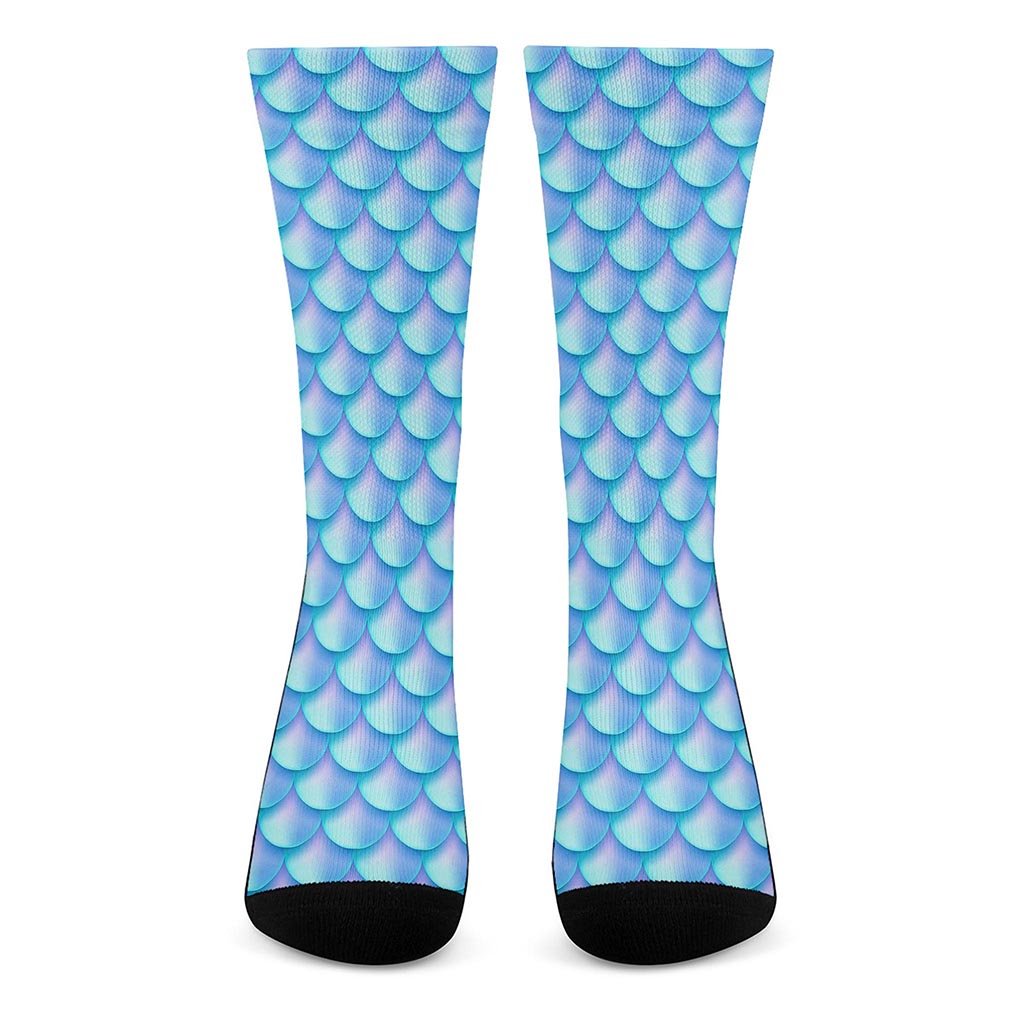 Blue Neon Mermaid Scales Pattern Print Crew Socks