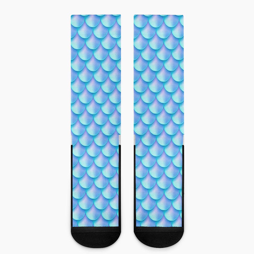 Blue Neon Mermaid Scales Pattern Print Crew Socks