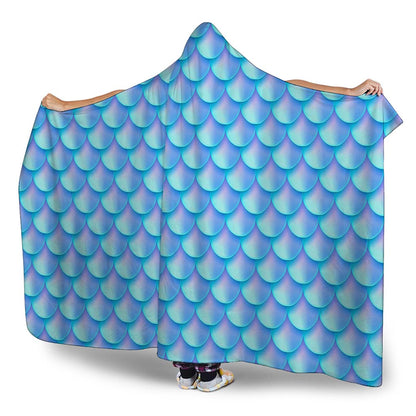 Blue Neon Mermaid Scales Pattern Print Hooded Blanket