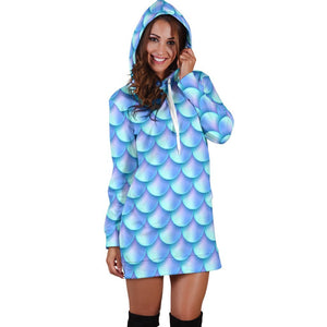 Blue Neon Mermaid Scales Pattern Print Hoodie Dress GearFrost