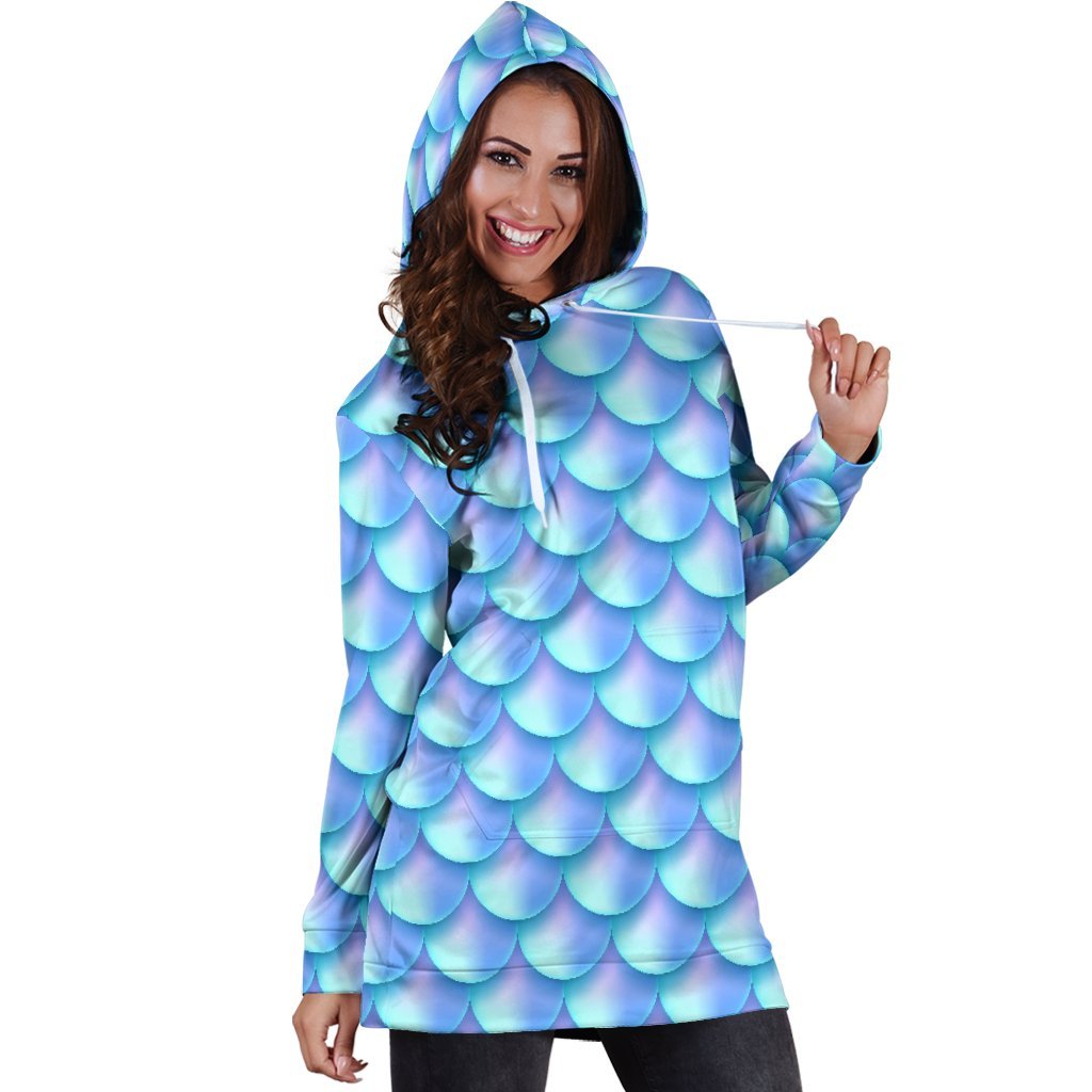 Blue Neon Mermaid Scales Pattern Print Hoodie Dress GearFrost