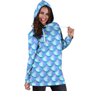 Blue Neon Mermaid Scales Pattern Print Hoodie Dress GearFrost