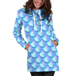 Blue Neon Mermaid Scales Pattern Print Hoodie Dress GearFrost