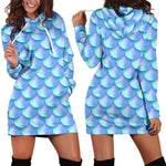 Blue Neon Mermaid Scales Pattern Print Hoodie Dress GearFrost