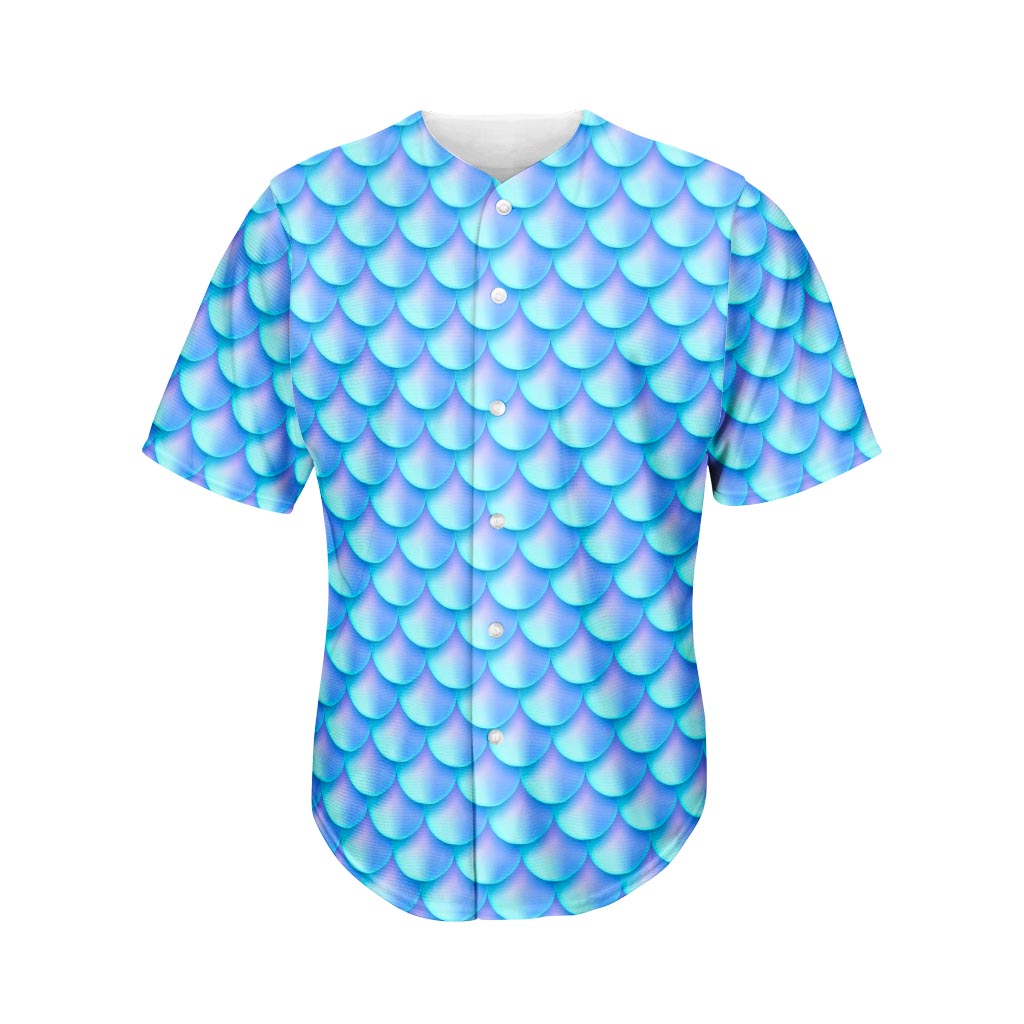 Blue Neon Mermaid Scales Pattern Print Men's Baseball Jersey