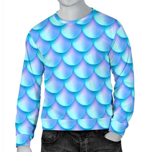 Blue Neon Mermaid Scales Pattern Print Men's Crewneck Sweatshirt GearFrost