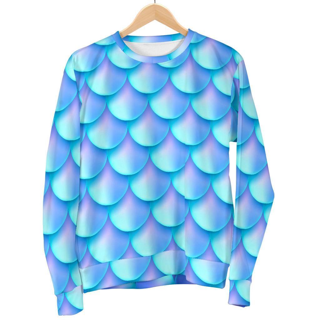 Blue Neon Mermaid Scales Pattern Print Men's Crewneck Sweatshirt GearFrost