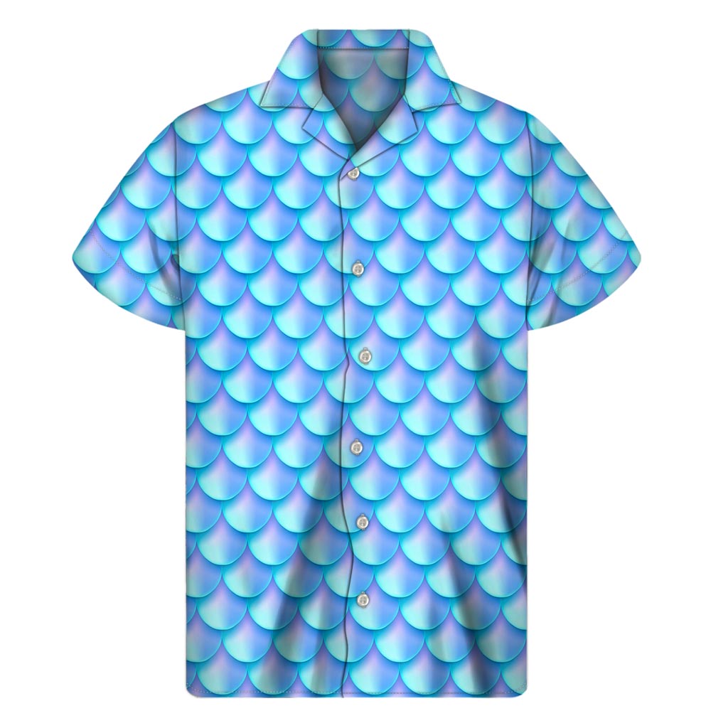 Blue Neon Mermaid Scales Pattern Print Men's Short Sleeve Shirt