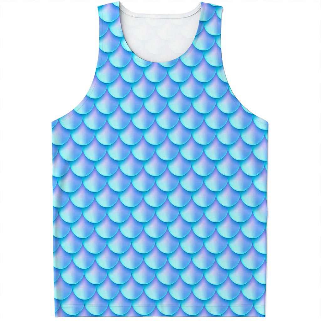 Blue Neon Mermaid Scales Pattern Print Men's Tank Top