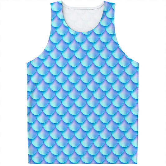 Blue Neon Mermaid Scales Pattern Print Men's Tank Top