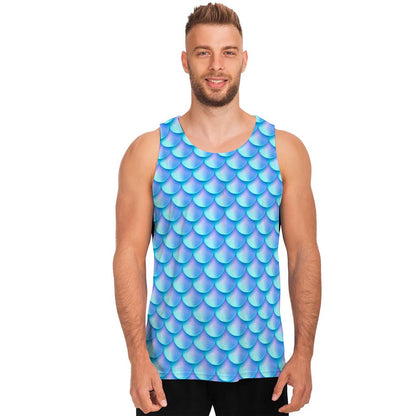Blue Neon Mermaid Scales Pattern Print Men's Tank Top