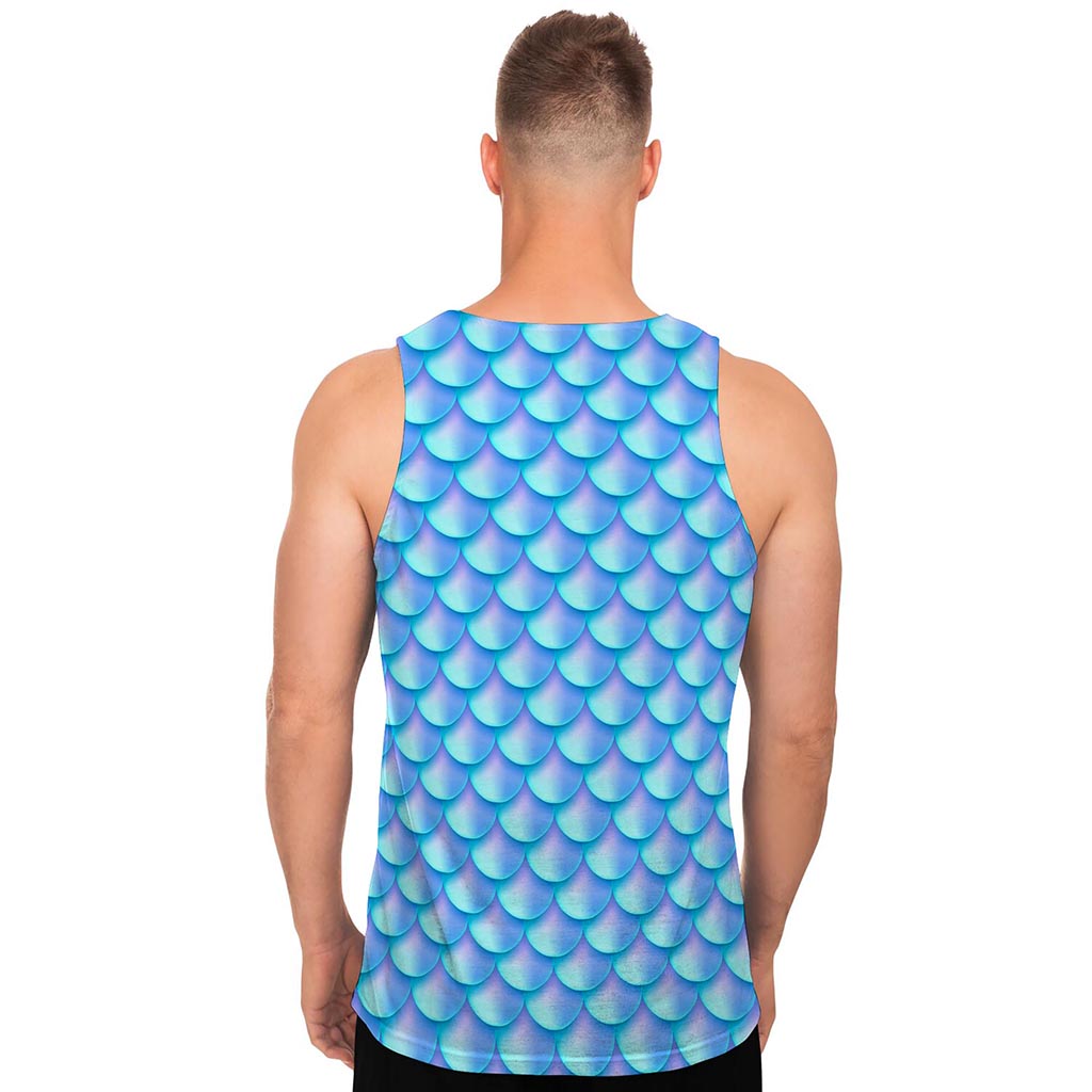 Blue Neon Mermaid Scales Pattern Print Men's Tank Top