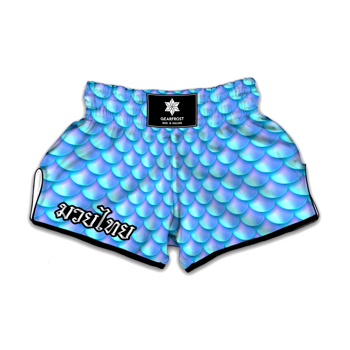 Blue Neon Mermaid Scales Pattern Print Muay Thai Boxing Shorts