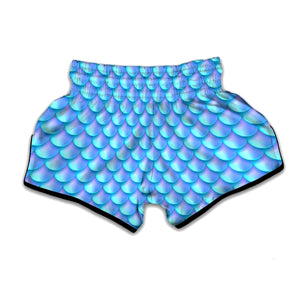 Blue Neon Mermaid Scales Pattern Print Muay Thai Boxing Shorts