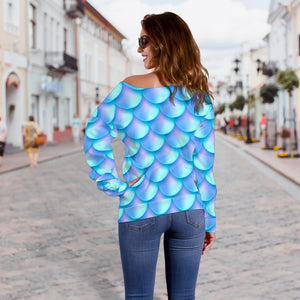 Blue Neon Mermaid Scales Pattern Print Off Shoulder Sweatshirt GearFrost