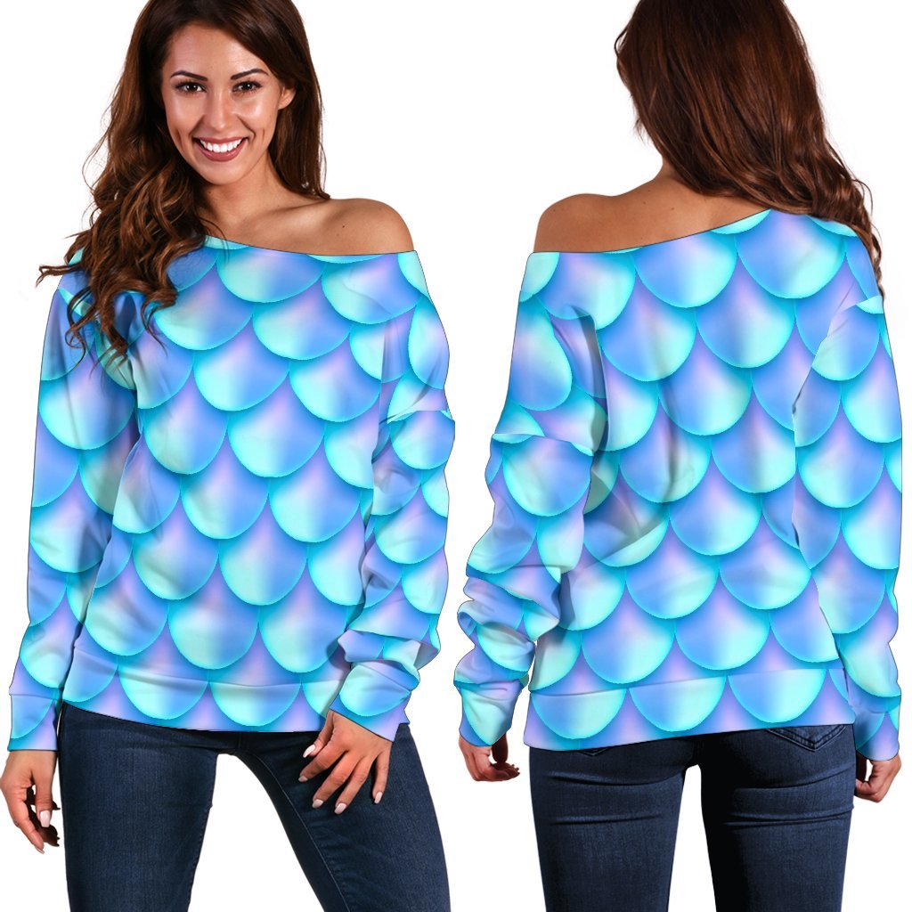 Blue Neon Mermaid Scales Pattern Print Off Shoulder Sweatshirt GearFrost