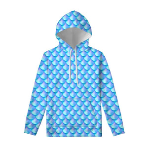 Blue Neon Mermaid Scales Pattern Print Pullover Hoodie