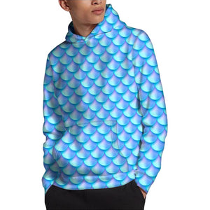 Blue Neon Mermaid Scales Pattern Print Pullover Hoodie