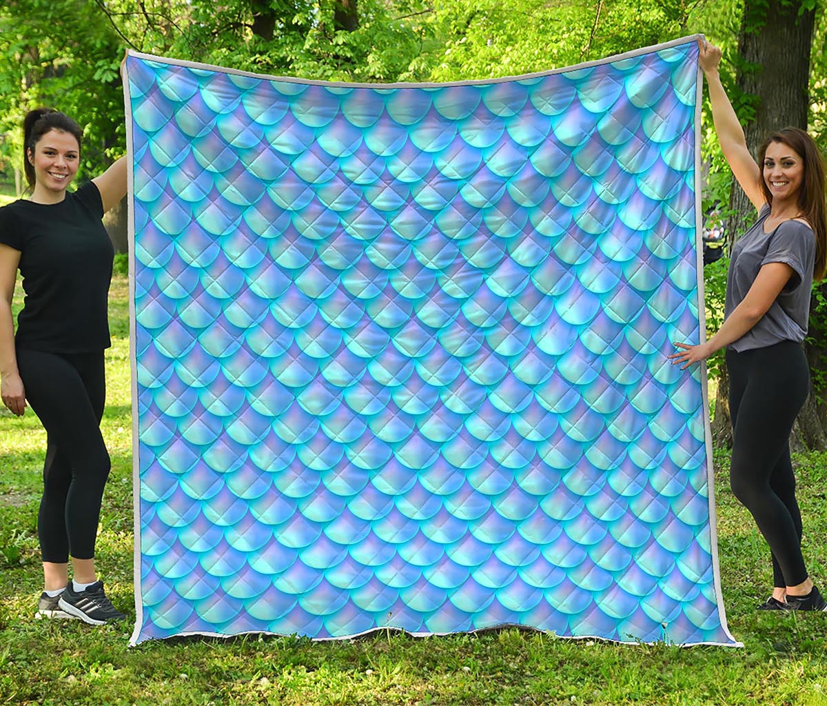 Blue Neon Mermaid Scales Pattern Print Quilt