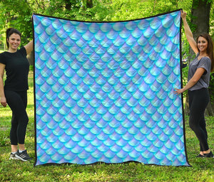 Blue Neon Mermaid Scales Pattern Print Quilt