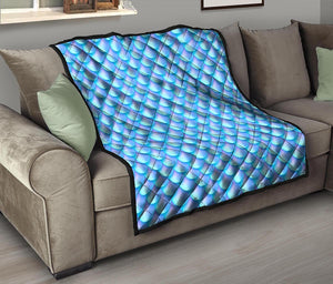 Blue Neon Mermaid Scales Pattern Print Quilt