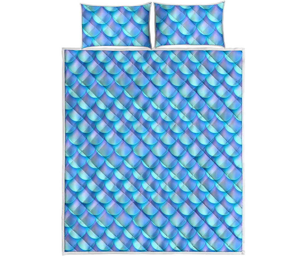 Blue Neon Mermaid Scales Pattern Print Quilt Bed Set